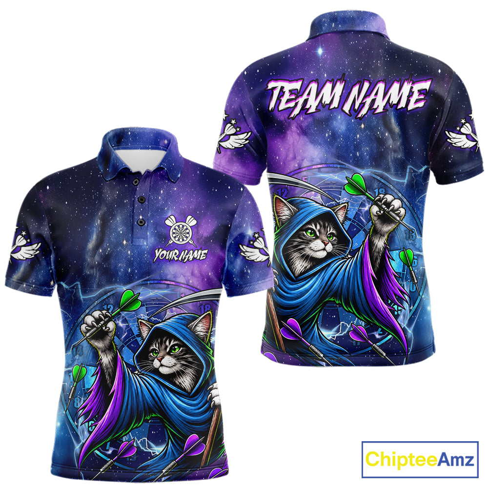 Funny Cat Wizard Blue Purple Galaxy Darts Shirts For Men Custom Glowing Darts Jerseys Outfits TDM7921