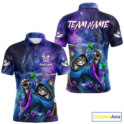Funny Cat Wizard Blue Purple Galaxy Darts Shirts For Men Custom Glowing Darts Jerseys Outfits TDM7921