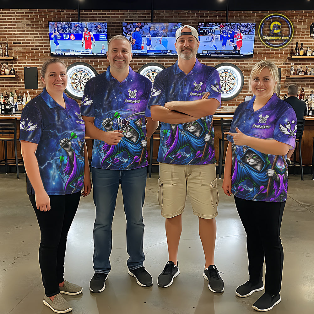 Funny Cat Wizard Blue Purple Galaxy Darts Shirts For Men Custom Glowing Darts Jerseys Outfits TDM7921