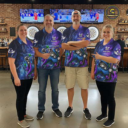 Funny Cat Wizard Blue Purple Galaxy Darts Shirts For Men Custom Glowing Darts Jerseys Outfits TDM7921
