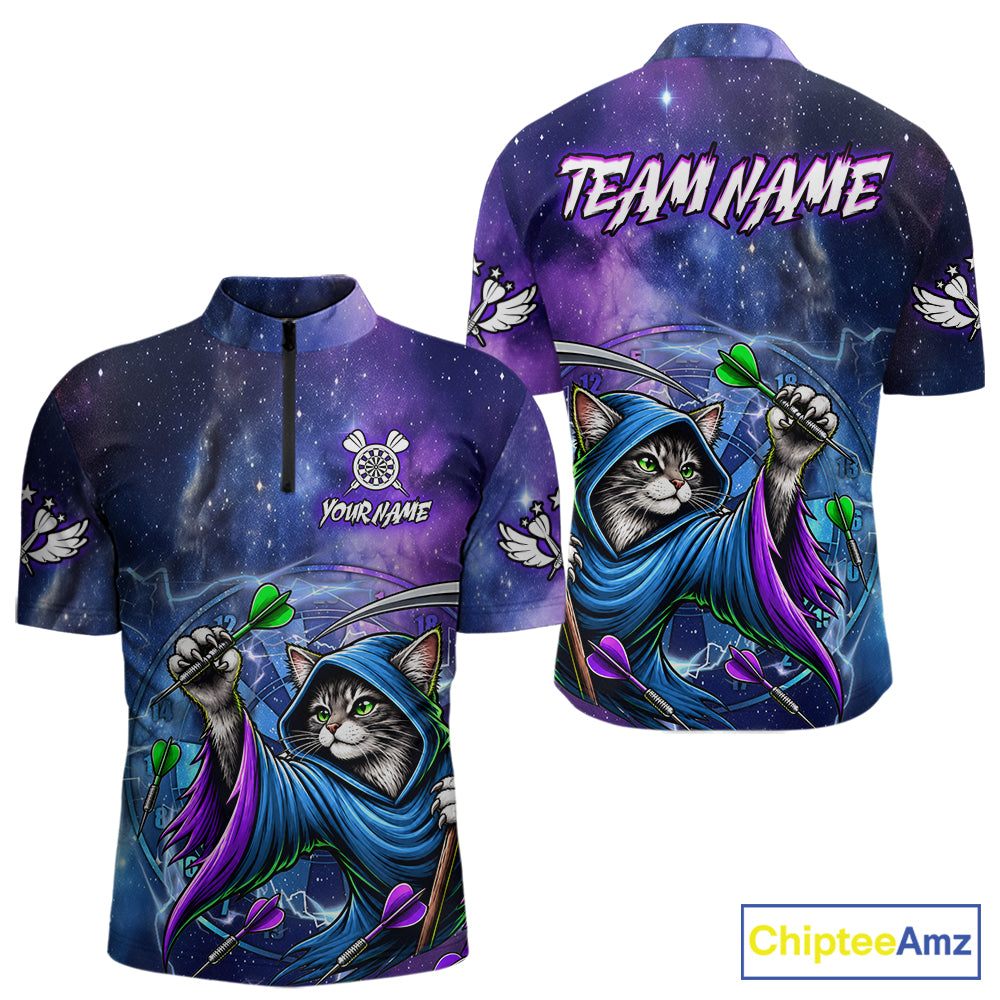Funny Cat Wizard Blue Purple Galaxy Darts Shirts For Men Custom Glowing Darts Jerseys Outfits TDM7921