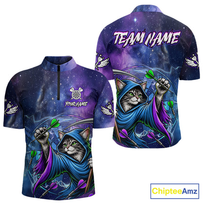 Funny Cat Wizard Blue Purple Galaxy Darts Shirts For Men Custom Glowing Darts Jerseys Outfits TDM7921