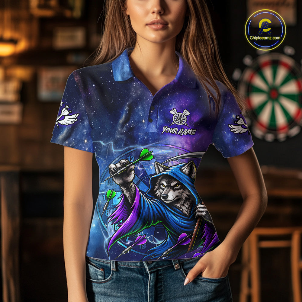 Funny Wolf Wizard Blue Purple Galaxy Darts Shirts For Women Custom Glowing Darts Jerseys Outfits TDM7922