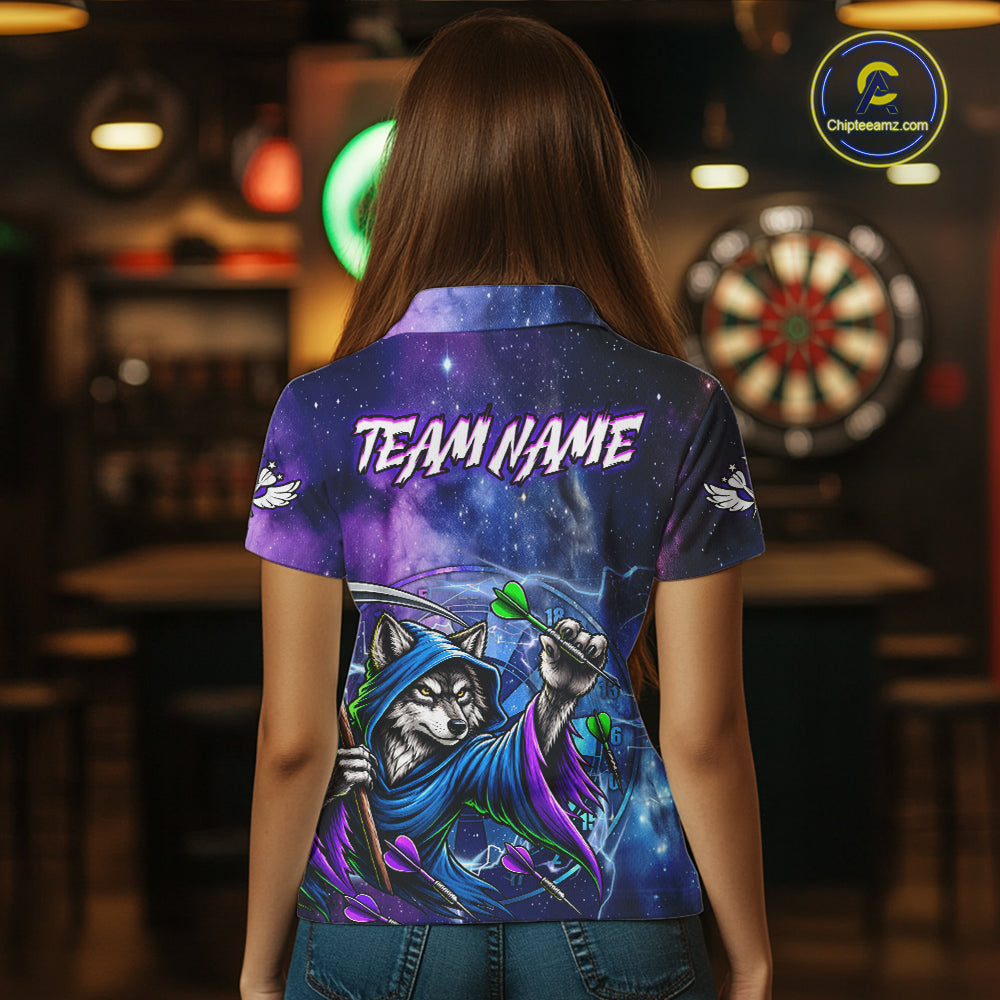 Funny Wolf Wizard Blue Purple Galaxy Darts Shirts For Women Custom Glowing Darts Jerseys Outfits TDM7922