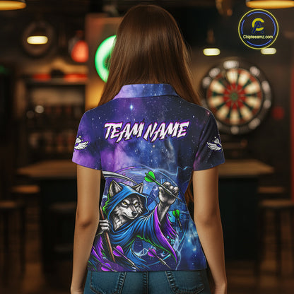 Funny Wolf Wizard Blue Purple Galaxy Darts Shirts For Women Custom Glowing Darts Jerseys Outfits TDM7922