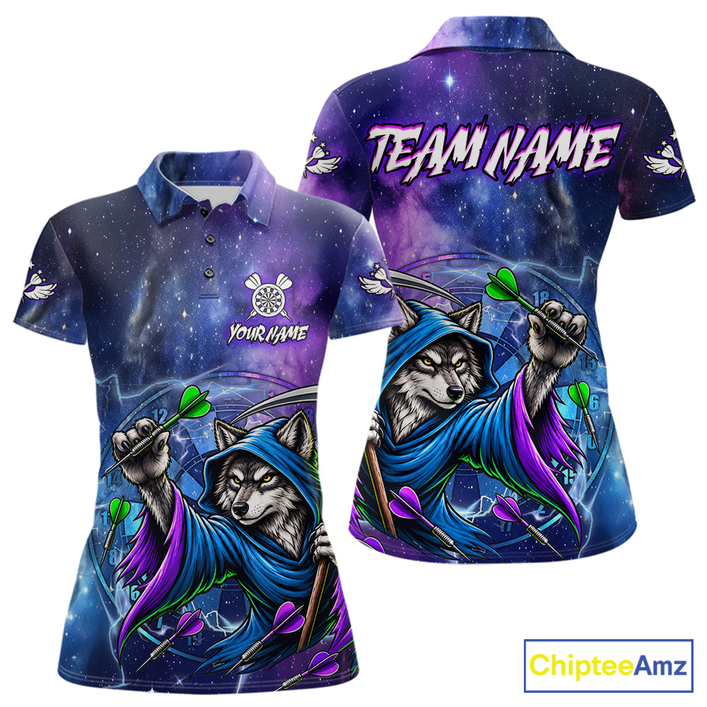 Funny Wolf Wizard Blue Purple Galaxy Darts Shirts For Women Custom Glowing Darts Jerseys Outfits TDM7922