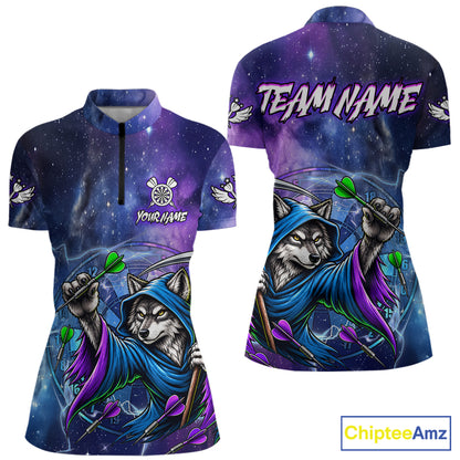 Funny Wolf Wizard Blue Purple Galaxy Darts Shirts For Women Custom Glowing Darts Jerseys Outfits TDM7922