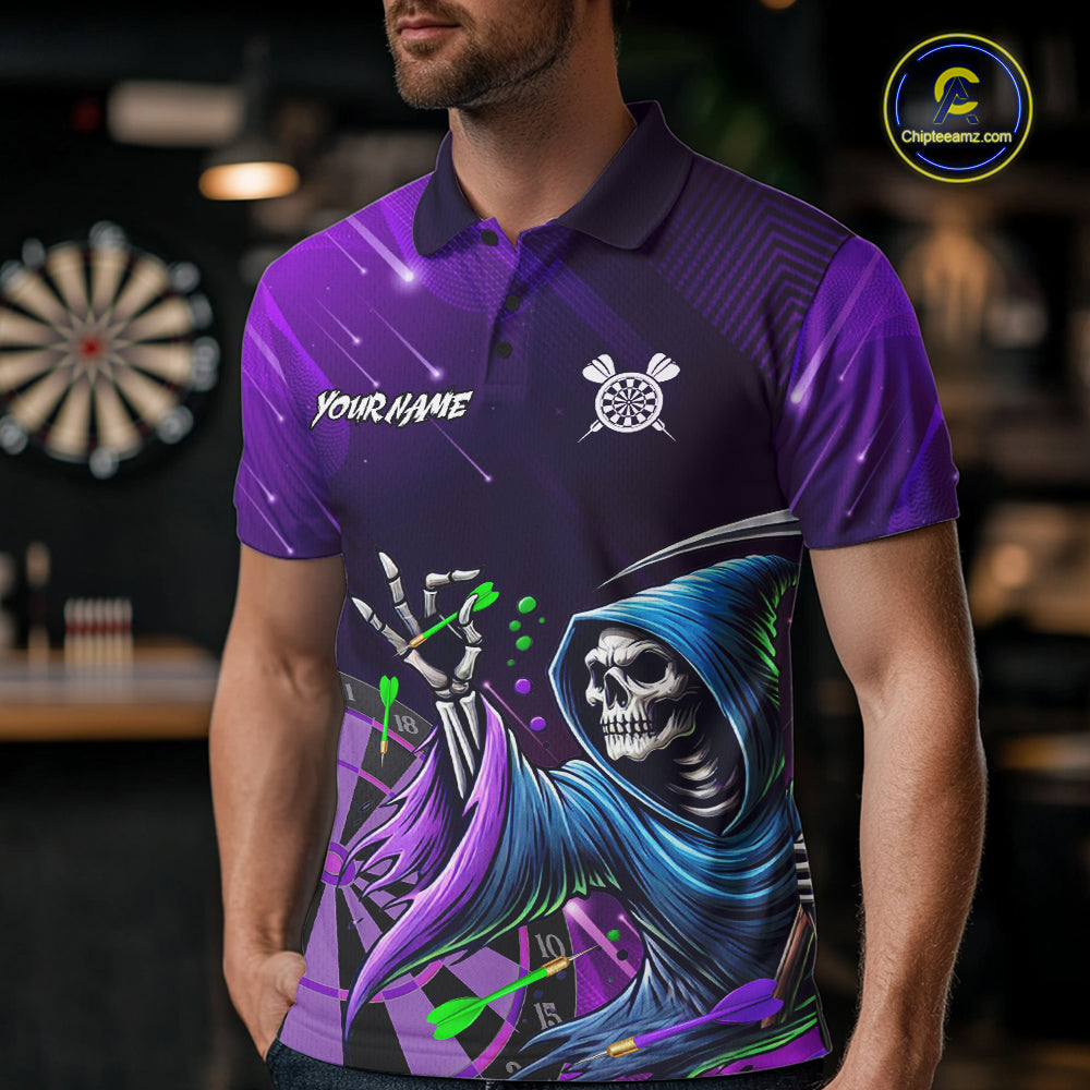 Funny Purple Grim Reaper Galaxy Dart Shirts For Men Custom Darts Team Jersey Polo & 1/4 Zip TDM7923