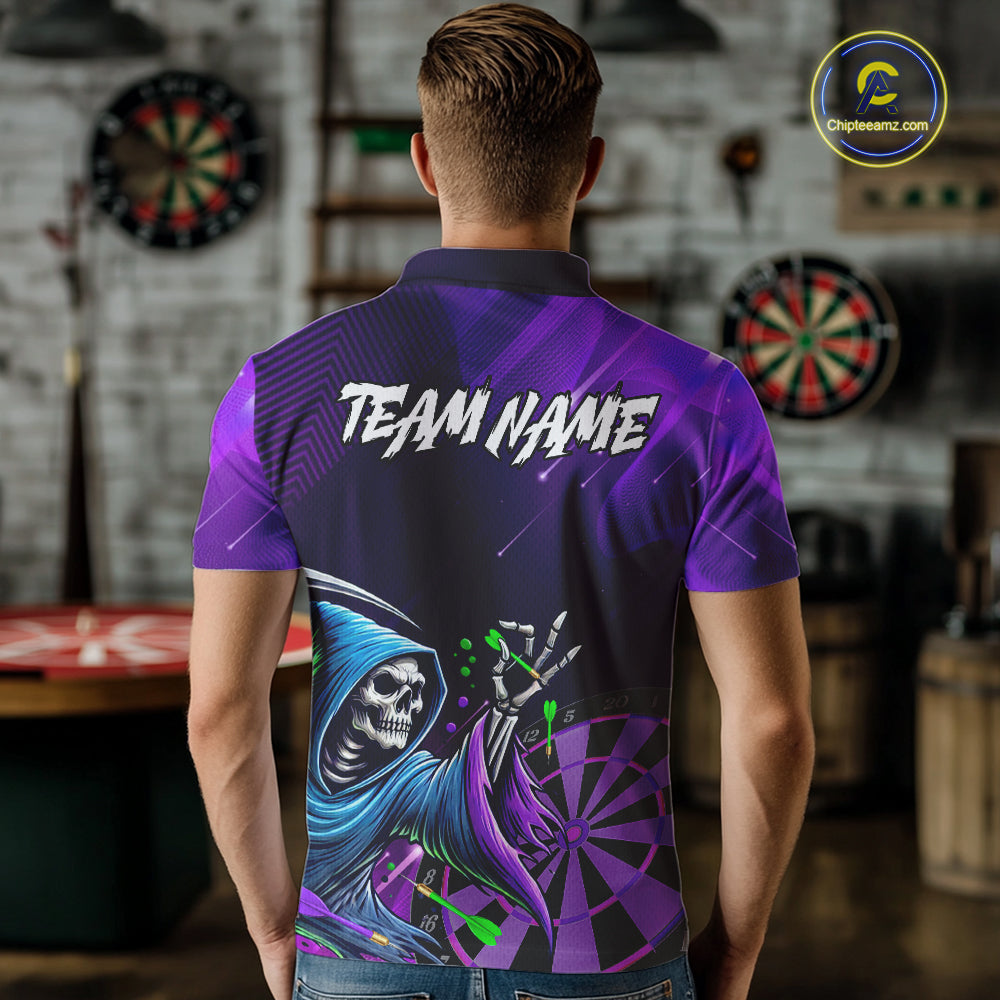 Funny Purple Grim Reaper Galaxy Dart Shirts For Men Custom Darts Team Jersey Polo & 1/4 Zip TDM7923