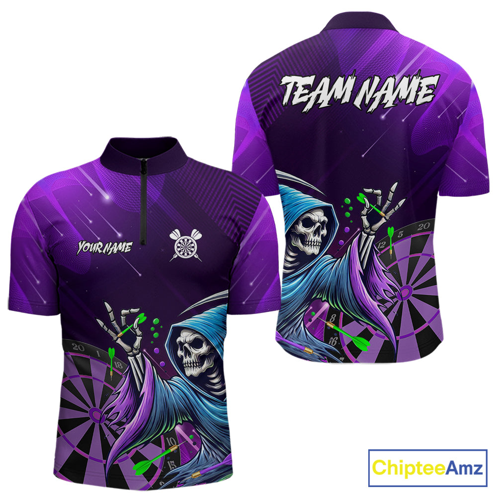 Funny Purple Grim Reaper Galaxy Dart Shirts For Men Custom Darts Team Jersey Polo & 1/4 Zip TDM7923