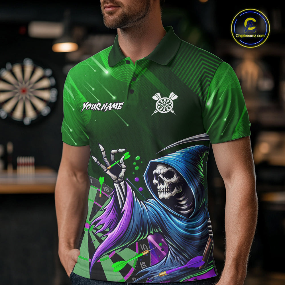 Funny Green Grim Reaper Galaxy Dart Shirts For Men Custom Darts Team Jersey Polo & 1/4 Zip TDM7924