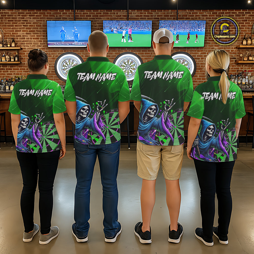 Funny Green Grim Reaper Galaxy Dart Shirts For Men Custom Darts Team Jersey Polo & 1/4 Zip TDM7924