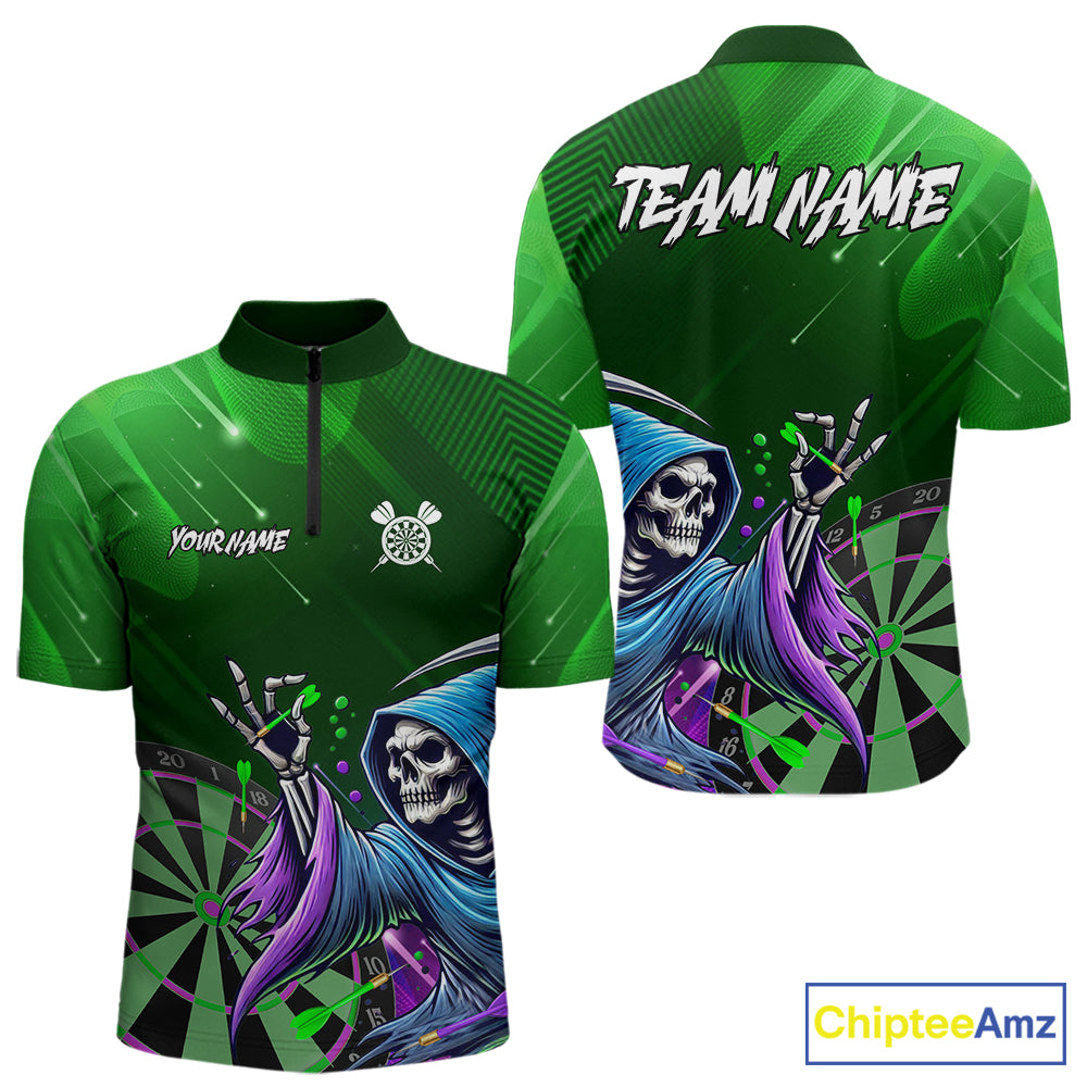 Funny Green Grim Reaper Galaxy Dart Shirts For Men Custom Darts Team Jersey Polo & 1/4 Zip TDM7924