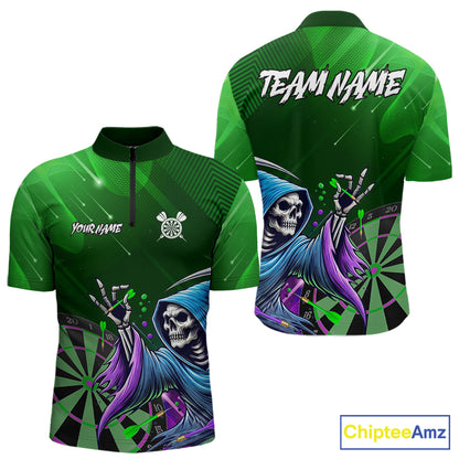 Funny Green Grim Reaper Galaxy Dart Shirts For Men Custom Darts Team Jersey Polo & 1/4 Zip TDM7924