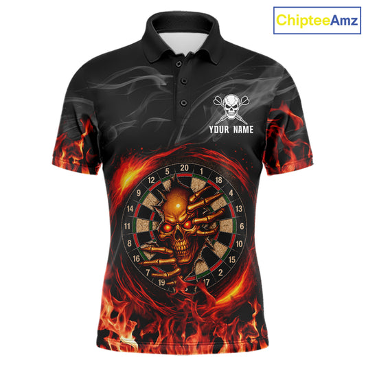Funny Skull Darts Shirts For Men Custom Black And Orange Flaming Darts Team Jersey Polo & 1/4 Zip TDM7932