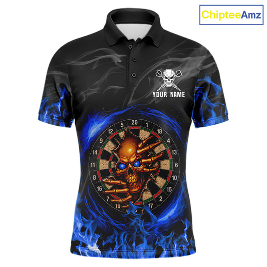 Funny Skull Darts Shirts For Men Custom Black And Blue Flaming Darts Team Jersey Polo & 1/4 Zip TDM7933