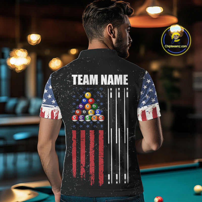 Personalized Grunge American Flag Men's Billiard Shirt, Patriotic Pool Team Shirt Polo & 1/4 Zip TDM5242