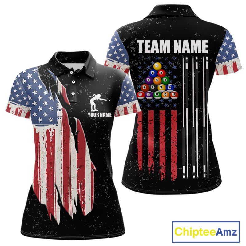 Personalized Grunge American Flag Women's Billiard Shirt, Patriotic Pool Team Shirt Polo & 1/4 Zip TDM5242