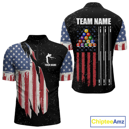 Personalized Grunge American Flag Men's Billiard Shirt, Patriotic Pool Team Shirt Polo & 1/4 Zip TDM5242