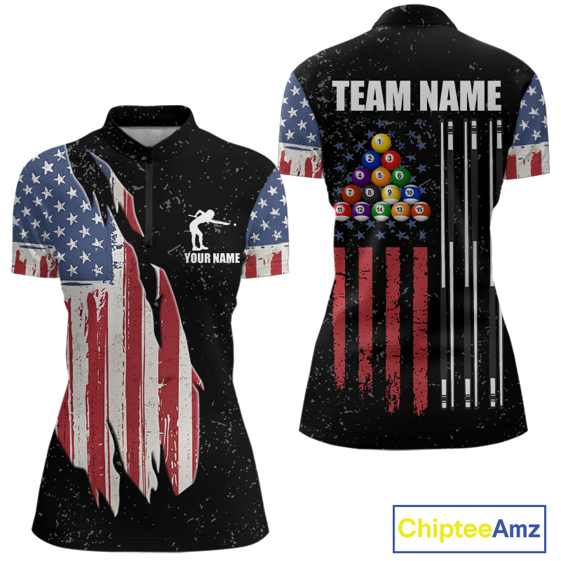 Personalized Grunge American Flag Women's Billiard Shirt, Patriotic Pool Team Shirt Polo & 1/4 Zip TDM5242
