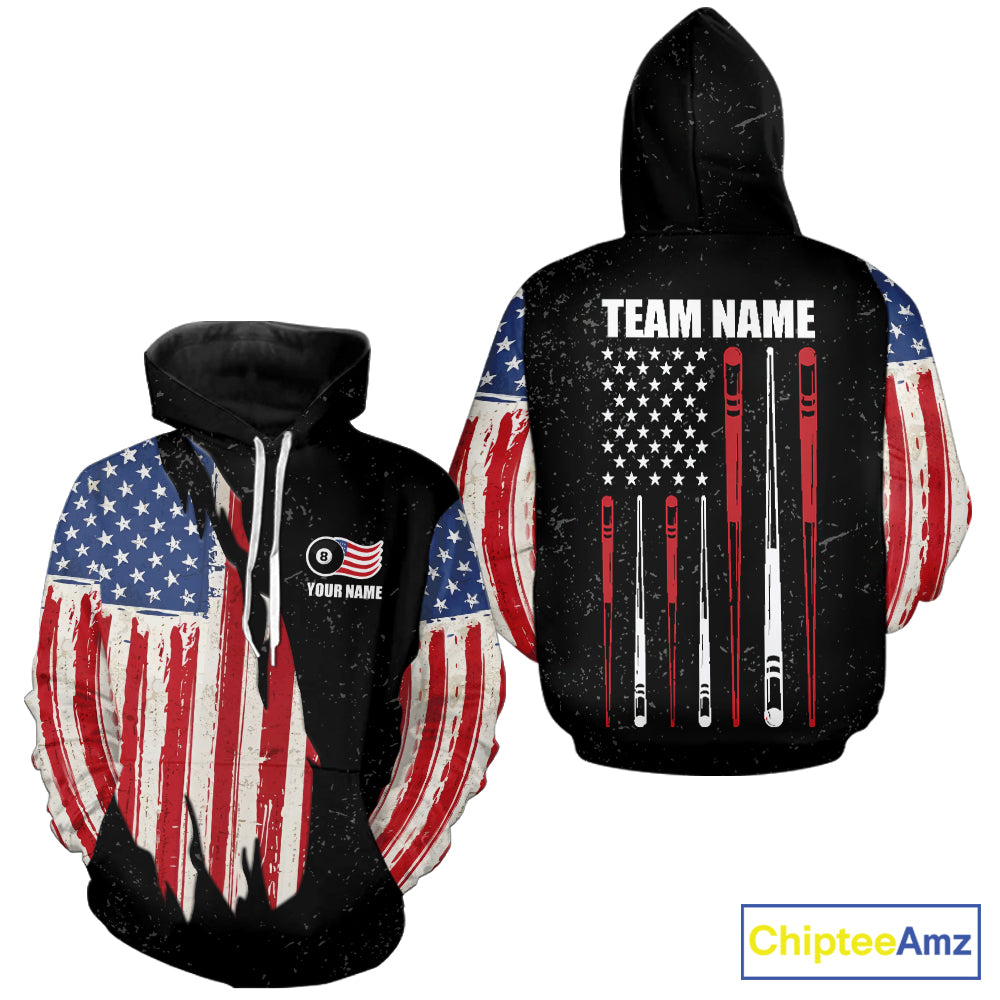 Personalized Grunge American Flag Billiard Hoodie Custom Patriotic 8 Ball Hoodie Pool Team Jersey TDM5243