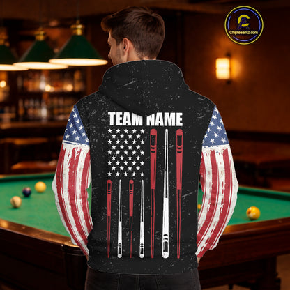 Personalized Grunge American Flag Billiard Hoodie Custom Patriotic 8 Ball Hoodie Pool Team Jersey TDM5243