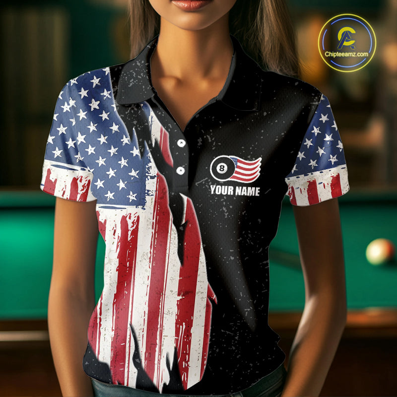 Personalized Grunge American Flag Women's Billiard Shirt Custom 8 Ball Pool Billiard Team Jersey TDM5243