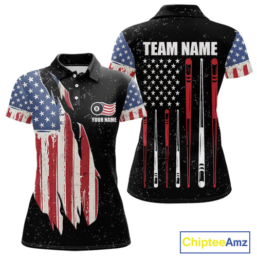 Personalized Grunge American Flag Women's Billiard Shirt Custom 8 Ball Pool Billiard Team Jersey TDM5243