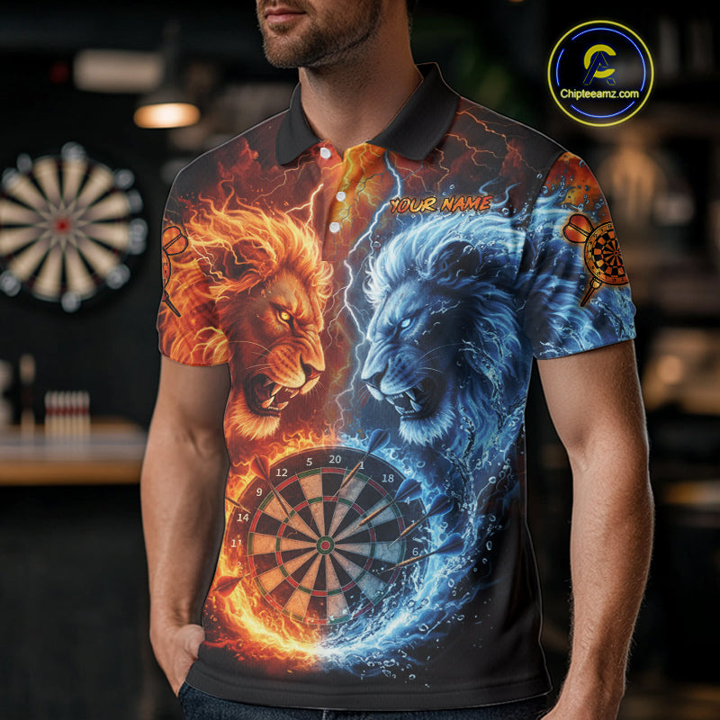 Blue And Orange Water Fire Lion Darts Shirt For Men Custom Lightning Dart Jerseys Polo & 1/4 Zip TDM5249