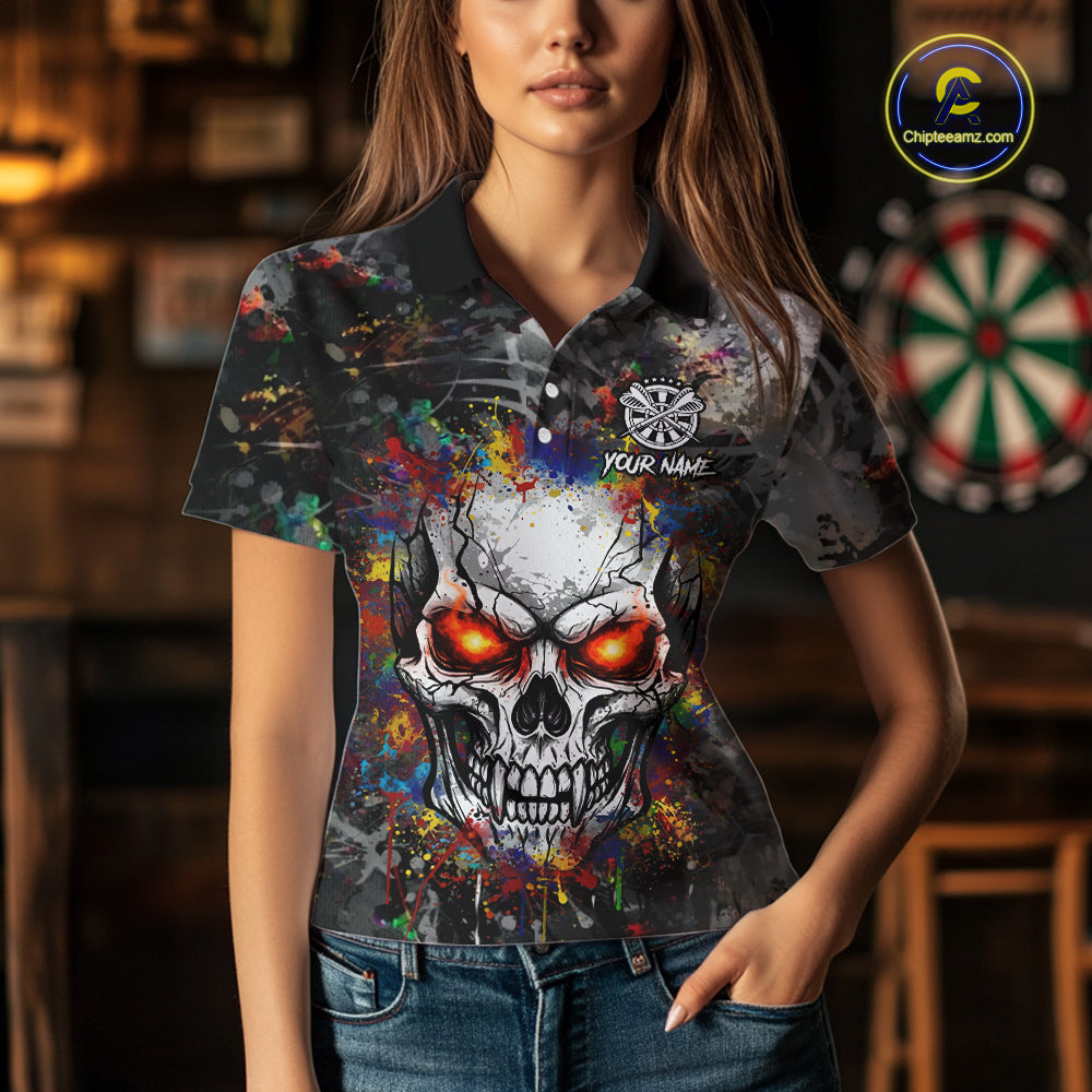 Colorful Grunge Skull Darts Polo & Quarter Zip For Women Custom Darts Team Jersey, Funny Darts Gifts TDM5503