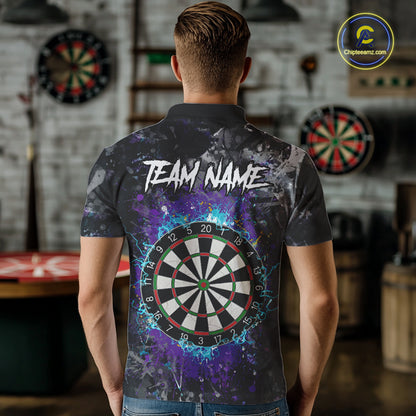 Blue Purple Grunge Skull Darts Polo & 1/4 Zip For Men Custom Darts Team Jersey, Funny Darts Gifts TDM5504