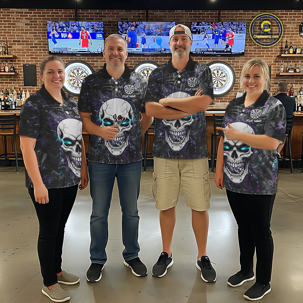 Blue Purple Grunge Skull Darts Polo & 1/4 Zip For Women Custom Darts Team Jersey, Funny Darts Gifts TDM5504