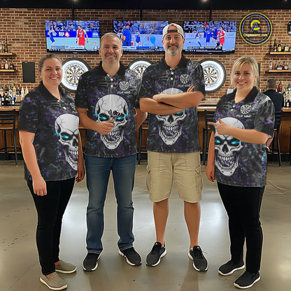 Blue Purple Grunge Skull Darts Polo & 1/4 Zip For Women Custom Darts Team Jersey, Funny Darts Gifts TDM5504