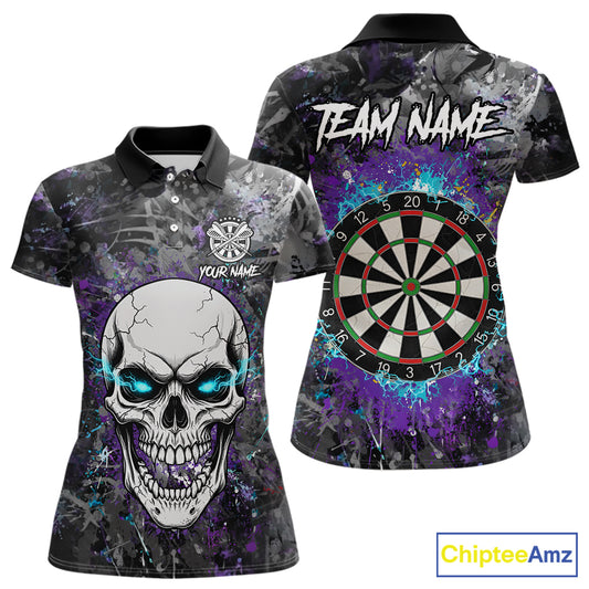Blue Purple Grunge Skull Darts Polo & 1/4 Zip For Women Custom Darts Team Jersey, Funny Darts Gifts TDM5504