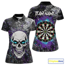 Load image into Gallery viewer, Blue Purple Grunge Skull Darts Polo &amp; 1/4 Zip For Women Custom Darts Team Jersey, Funny Darts Gifts TDM5504