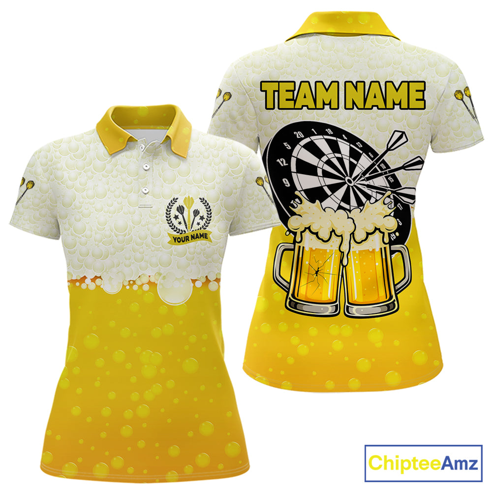 Personalized Yellow Funny Darts And Beer Women's Dart Shirts, Darts Team Jersey Polo & 1/4 Zip TDM5509