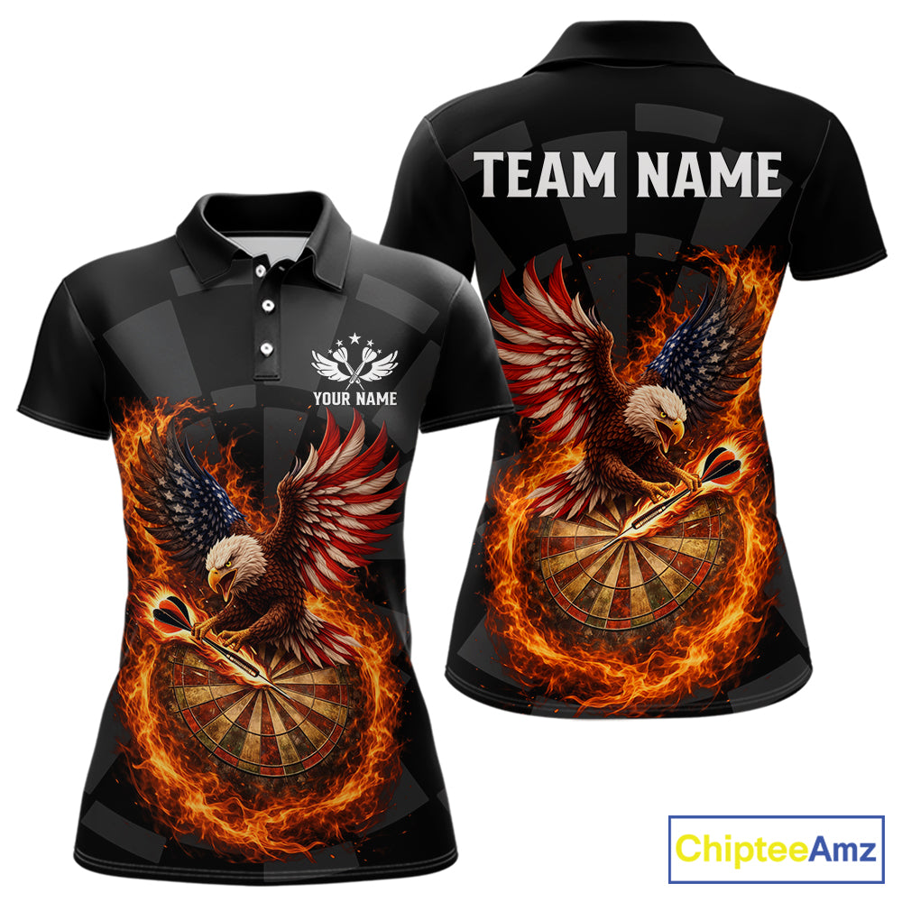 Personalized Fire Flame US Flag Eagle Darts Shirt For Women Custom Darts Jersey Team Polo & 1/4 Zip TDM5760