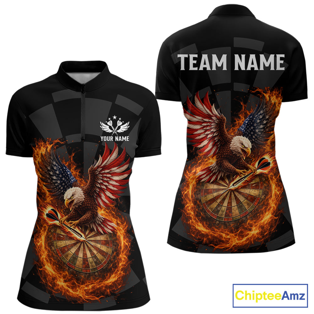 Personalized Fire Flame US Flag Eagle Darts Shirt For Women Custom Darts Jersey Team Polo & 1/4 Zip TDM5760