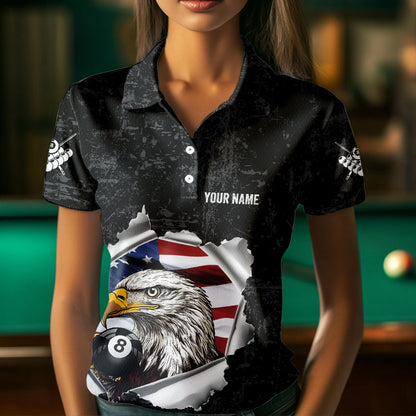 Personalized 8 Ball Pool Eagle US Flag Billiard Shirts For Women Custom Black Grunge Billiard Jerseys TDM3762