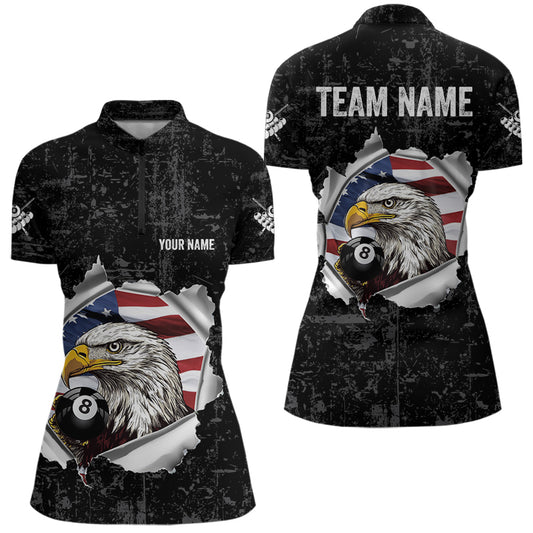 Personalized 8 Ball Pool Eagle US Flag Billiard Shirts For Women Custom Black Grunge Billiard Jerseys TDM3762