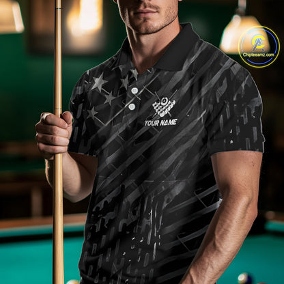 Black US Flag 8 Ball Fire Billiard Shirt For Men Custom Billiard Team Jersey Polo & 1/4 Zip TDM6122