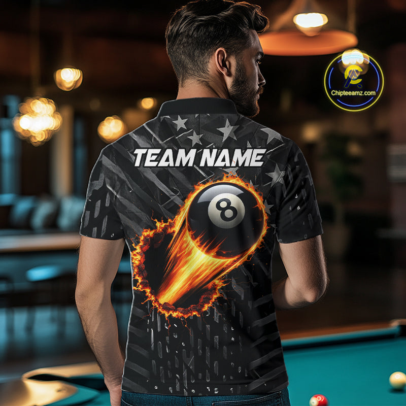 Black US Flag 8 Ball Fire Billiard Shirt For Men Custom Billiard Team Jersey Polo & 1/4 Zip TDM6122