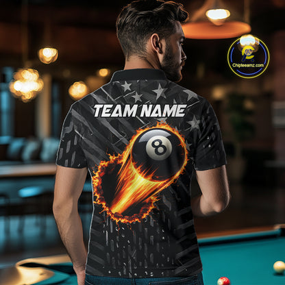 Black US Flag 8 Ball Fire Billiard Shirt For Men Custom Billiard Team Jersey Polo & 1/4 Zip TDM6122