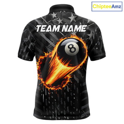 Black US Flag 8 Ball Fire Billiard Shirt For Men Custom Billiard Team Jersey Polo & 1/4 Zip TDM6122