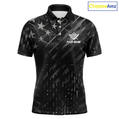 Black US Flag 8 Ball Fire Billiard Shirt For Men Custom Billiard Team Jersey Polo & 1/4 Zip TDM6122