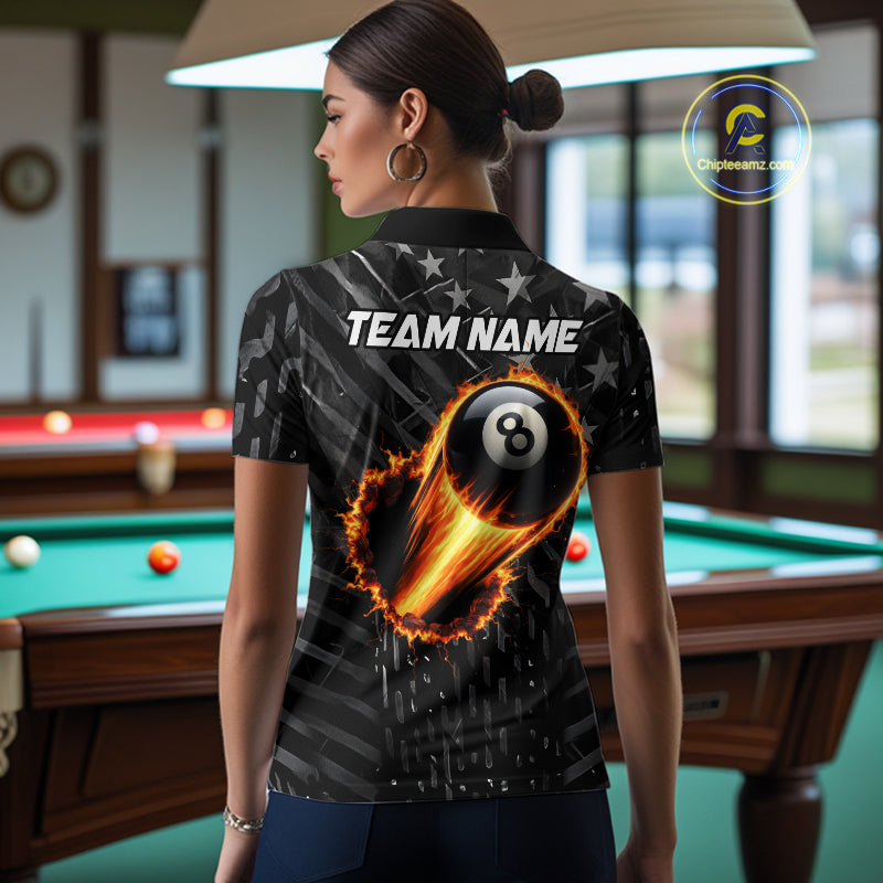 Black US Flag 8 Ball Fire Billiard Shirt For Women Custom Billiard Team Jersey Polo & 1/4 Zip TDM6122
