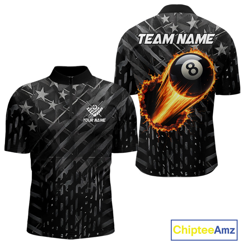 Black US Flag 8 Ball Fire Billiard Shirt For Men Custom Billiard Team Jersey Polo & 1/4 Zip TDM6122