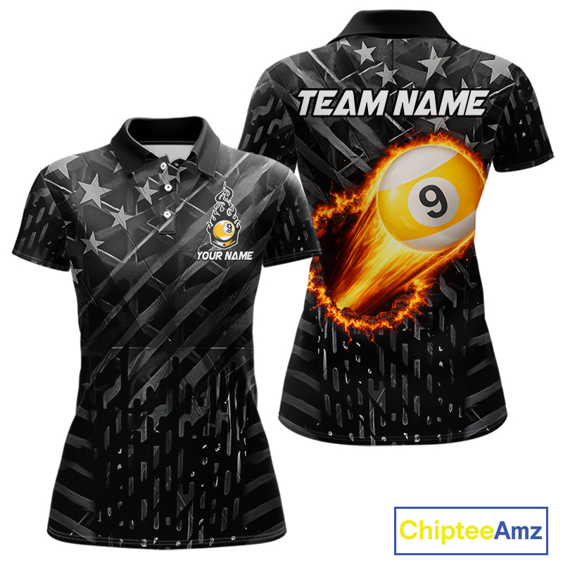 Black US Flag 9 Ball Fire Billiard Shirt For Women Custom Billiard Team Jersey Polo & 1/4 Zip TDM6123
