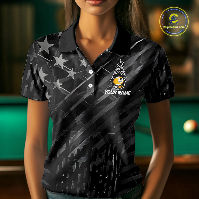 Black US Flag 9 Ball Fire Billiard Shirt For Women Custom Billiard Team Jersey Polo & 1/4 Zip TDM6123