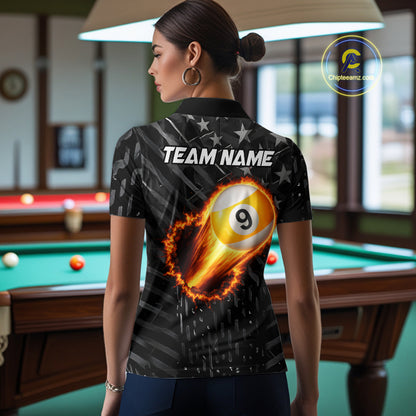 Black US Flag 9 Ball Fire Billiard Shirt For Women Custom Billiard Team Jersey Polo & 1/4 Zip TDM6123